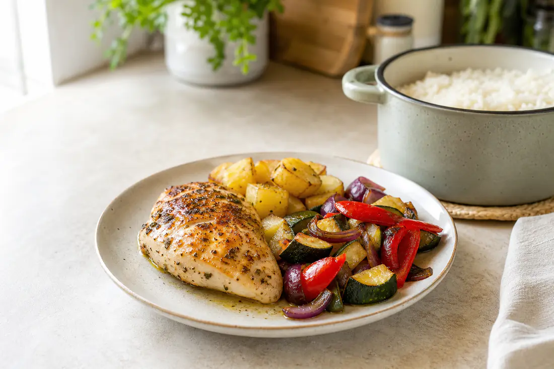 Prato de peito de frango dourado com batatas assadas e legumes, ao lado de uma panela de arroz numa bancada de cozinha portuguesa