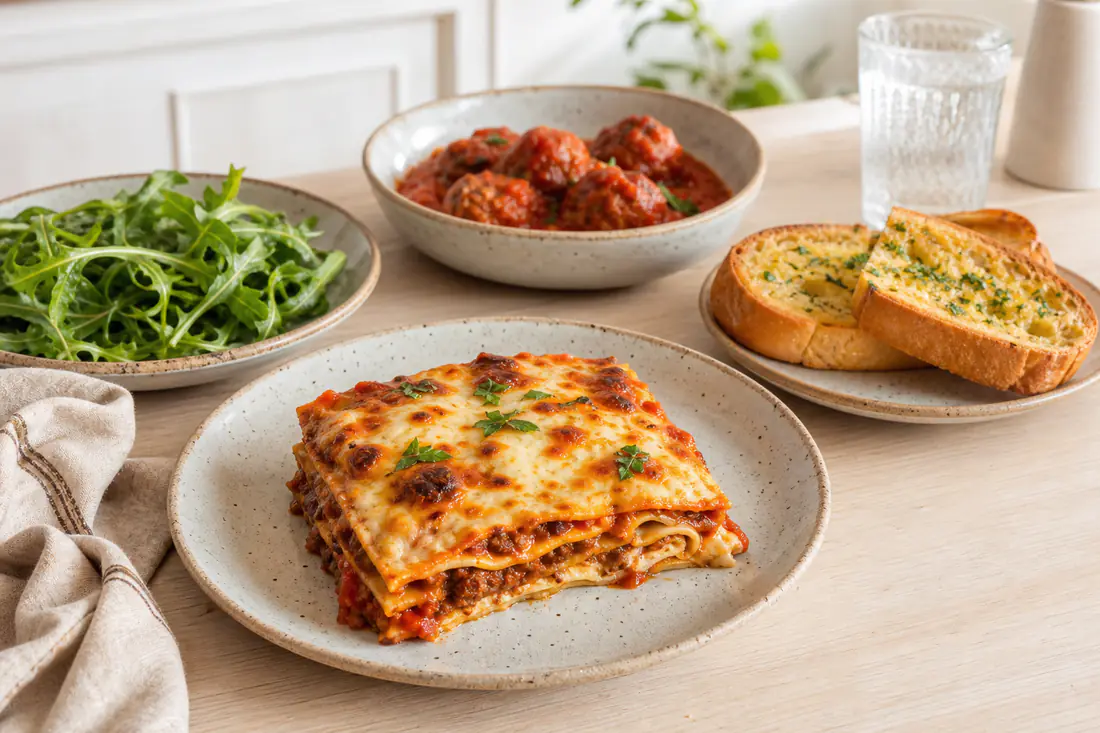 Mesa de refeição italiana com lasanha dourada, pão de alho, almôndegas em molho de tomate e uma salada de rúcula