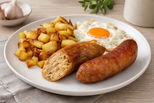 Alheiras douradas e cortadas ao meio, servidas com batatas fritas e um ovo estrelado num prato branco