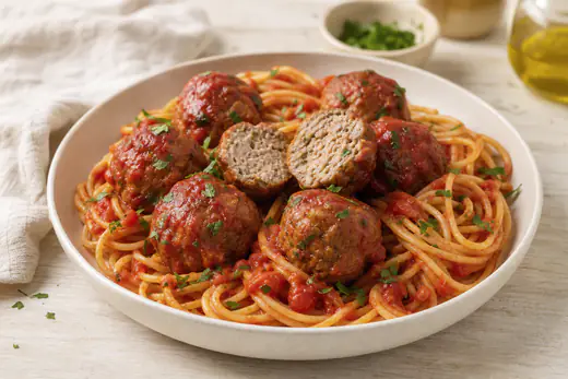 Almôndegas douradas num prato fundo com molho de tomate, salsa fresca picada e esparguete