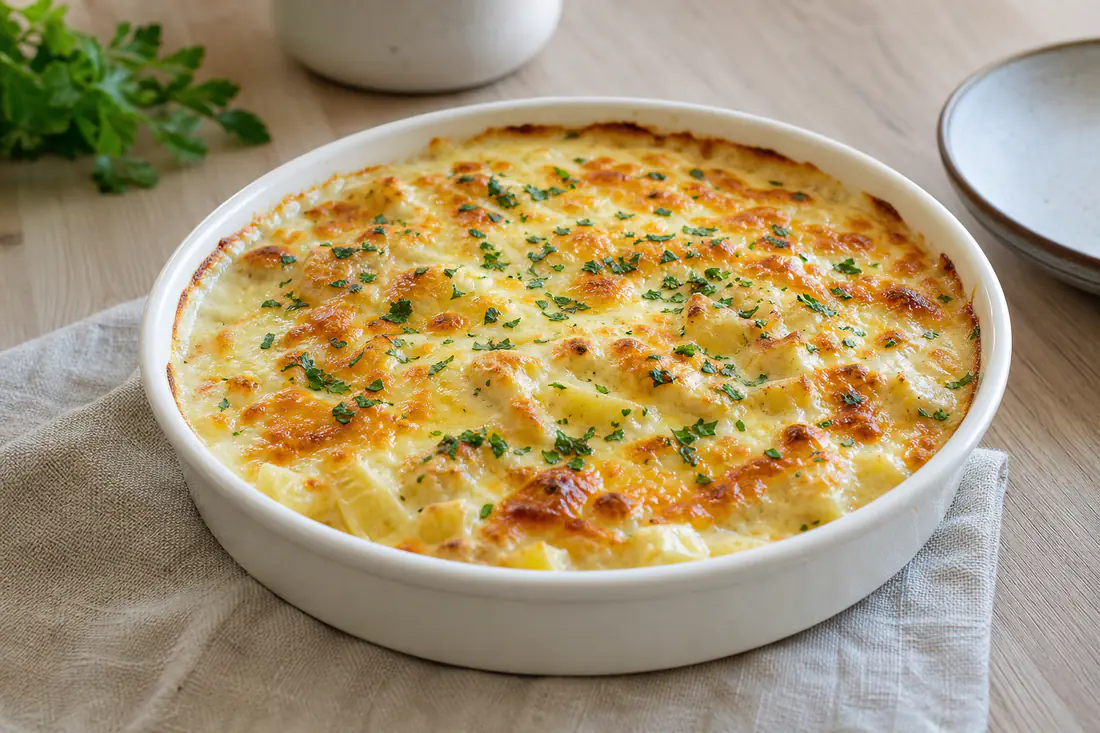 Travessa redonda de bacalhau com natas gratinado, com crosta dourada de queijo e salsa picada, sobre uma mesa de madeira