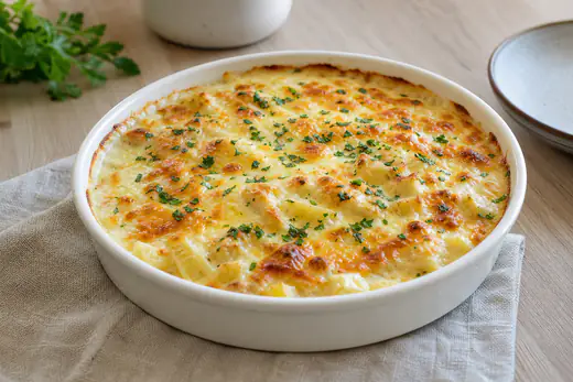 Travessa redonda de bacalhau com natas gratinado, com crosta dourada de queijo e salsa picada, sobre uma mesa de madeira