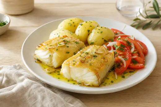 Duas postas de bacalhau assadas com topo dourado, regadas com azeite e alho, servidas com batatas e salsa