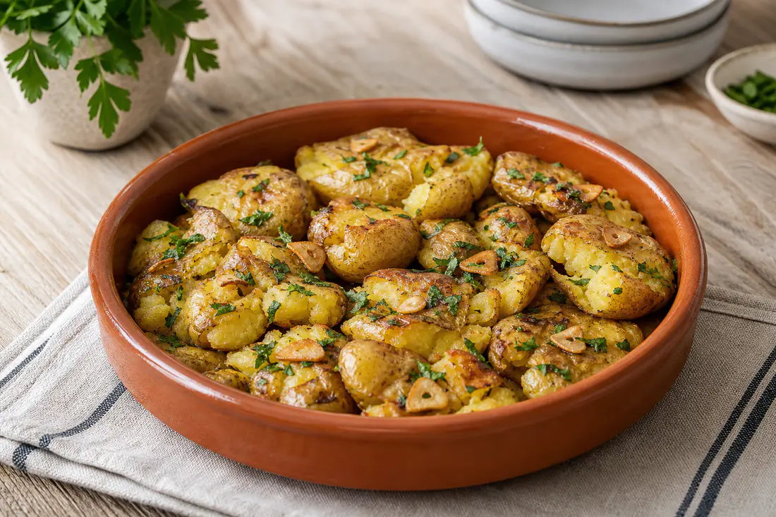 Batatas pequenas esmagadas com casca, douradas e luzidias de azeite, com alho laminado e salsa picada num prato de barro