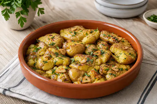 Batatas pequenas esmagadas com casca, douradas e luzidias de azeite, com alho laminado e salsa picada num prato de barro