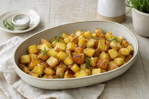 Cubos de batata assada com casca, dourados e crocantes, numa travessa com alecrim e flor de sal