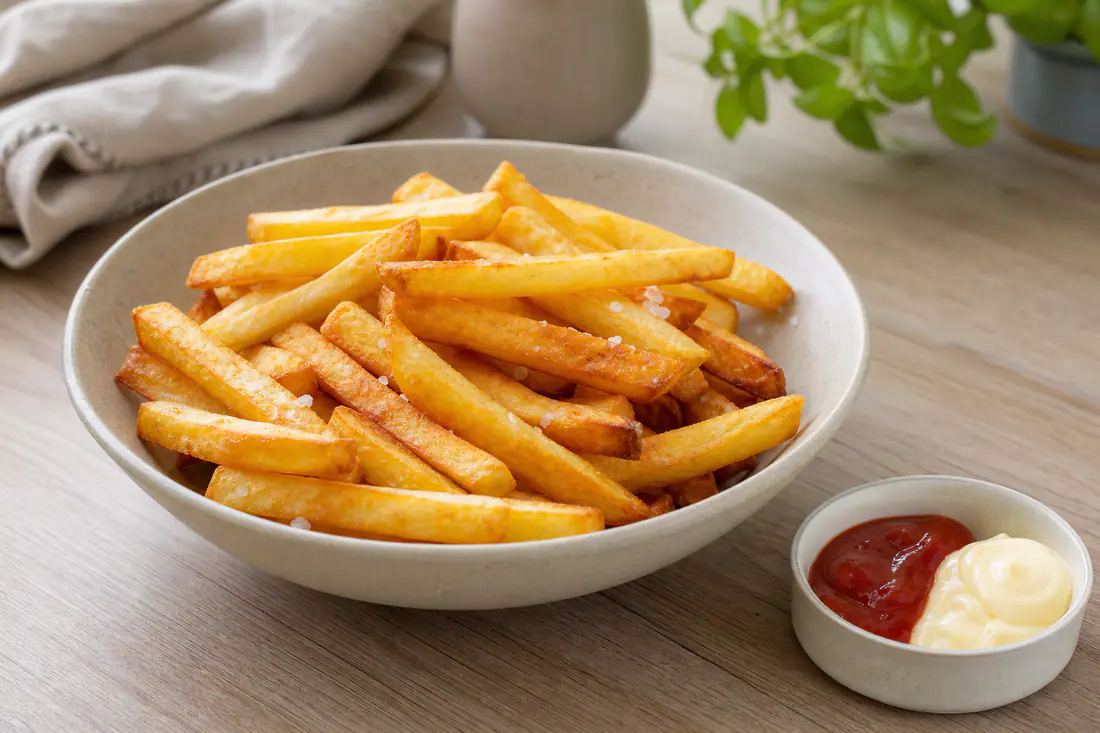 Batatas fritas pré-fritas douradas e estaladiças, acabadas de sair do cesto, numa tigela com sal e um pouco de ketchup ao lado