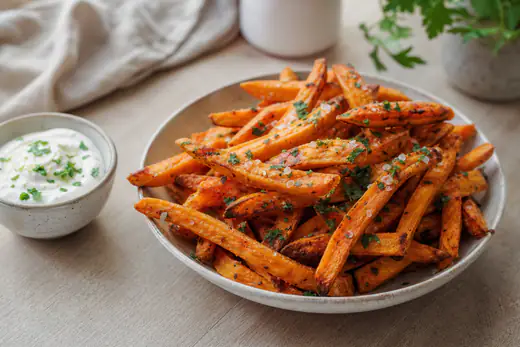 Palitos de batata-doce dourados e crocantes numa taça, com sal em flor, salsa picada e um molho de iogurte ao lado