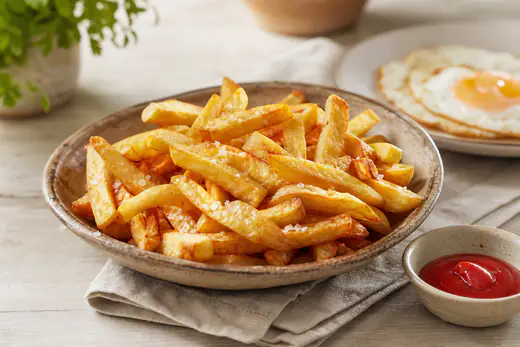 Uma travessa de batatas fritas caseiras douradas e estaladiças, polvilhadas com sal grosso, ao lado de um prato com ovo estrelado