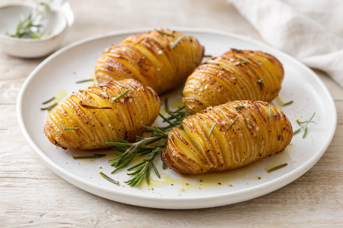 Quatro batatas hasselback abertas em leque, com as bordas douradas e crocantes, regadas com azeite e alecrim, num prato branco