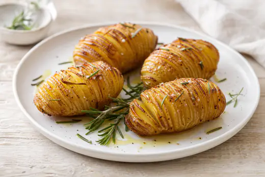 Quatro batatas hasselback abertas em leque, com as bordas douradas e crocantes, regadas com azeite e alecrim, num prato branco