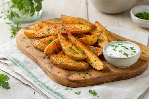 Gomos grossos de batata com casca, dourados e temperados com colorau, numa tábua de madeira com salsa picada e um molho de iogurte