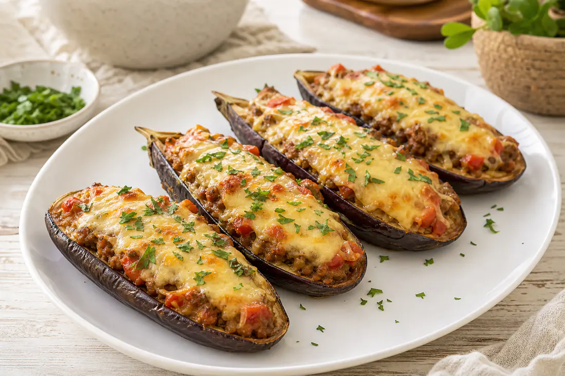Metades de beringela recheadas com carne picada e tomate, gratinadas com queijo dourado, num prato com salsa