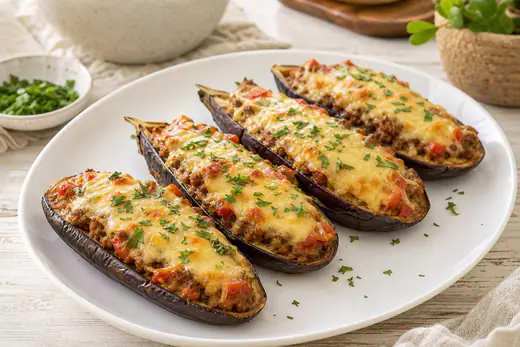 Metades de beringela recheadas com carne picada e tomate, gratinadas com queijo dourado, num prato com salsa
