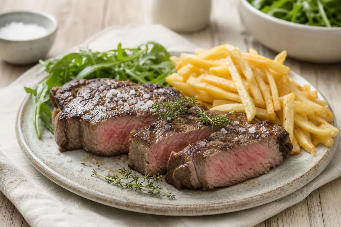 Dois bifes de vaca grelhados, cortados em fatias rosadas, com sal em flor, batatas fritas e salada de rúcula