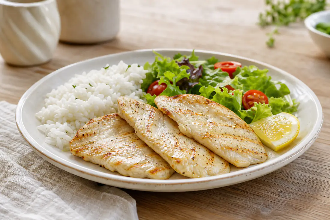 Quatro bifes de frango dourados, com marcas de grelha, num prato com arroz branco, salada e uma rodela de limão