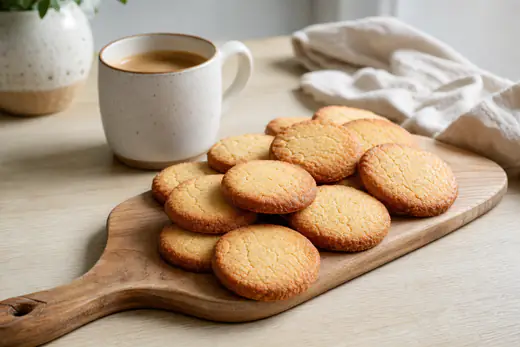 Bolachas de manteiga redondas e douradas, com bordas estaladiças, numa tábua de madeira ao lado de uma chávena de café