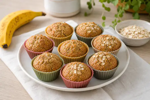 Pequenos bolinhos de banana e aveia dourados em forminhas de silicone, num prato branco com uma banana madura e flocos de aveia ao lado