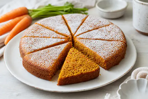 Bolo de cenoura redondo cortado em fatias, com miolo alaranjado e húmido, num prato branco com cenouras frescas ao lado