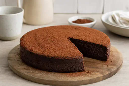 Bolo de chocolate redondo com a primeira fatia cortada, miolo escuro e húmido, sobre uma tábua de madeira com cacau em pó polvilhado