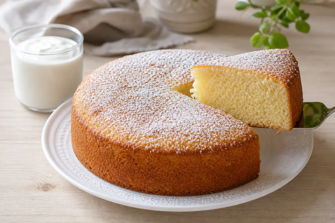 Bolo de iogurte redondo e dourado, com uma fatia cortada que mostra o miolo fofo, sobre um prato branco com um iogurte natural ao lado
