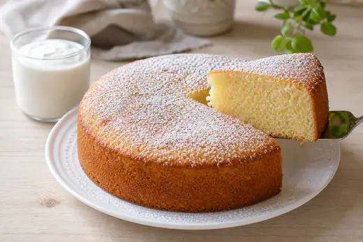 Bolo de iogurte redondo e dourado, com uma fatia cortada que mostra o miolo fofo, sobre um prato branco com um iogurte natural ao lado