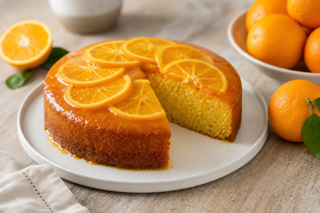 Bolo de laranja redondo com superfície brilhante de calda e rodelas finas de laranja por cima, num prato branco com laranjas inteiras ao lado