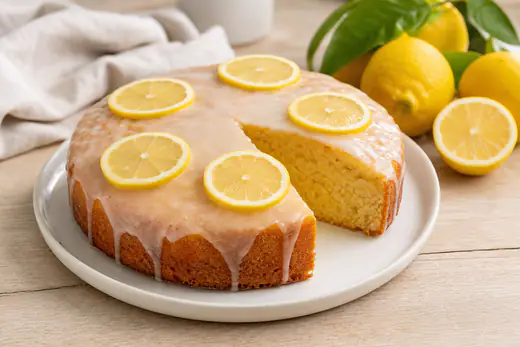 Bolo de limão redondo com cobertura branca brilhante e fatias de limão por cima, sobre um prato branco com limões inteiros ao lado
