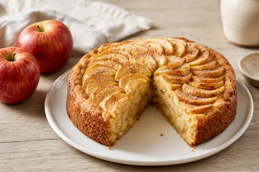Bolo de maçã redondo com fatias finas de maçã e canela por cima, cortado em fatias, num prato branco com maçãs vermelhas ao lado