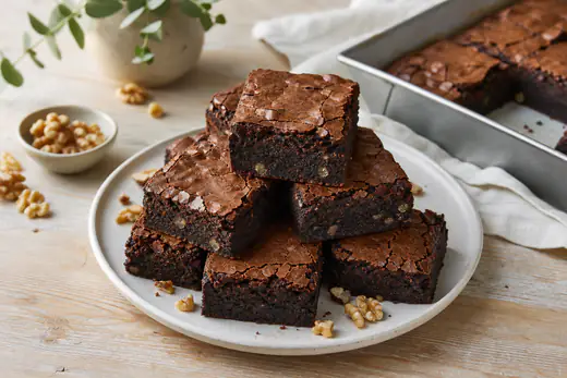 Quadrados de brownie de chocolate com crosta rachada e miolo húmido, empilhados num prato, com nozes picadas e uma forma quadrada ao fundo