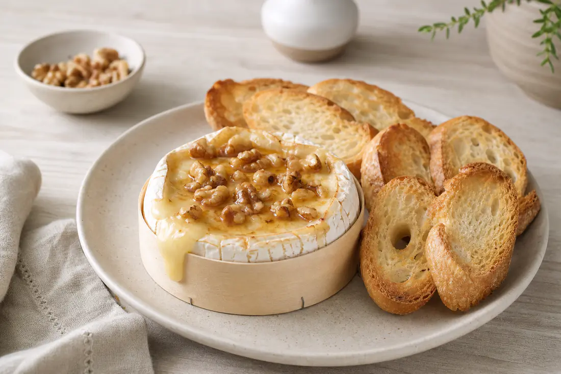 Queijo camembert inteiro aberto em cima, com o interior derretido coberto de mel e nozes, rodeado de fatias de pão tostado