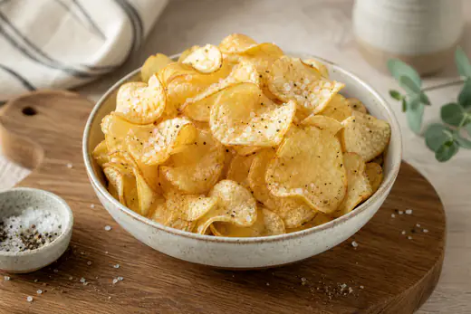 Uma taça de chips de batata caseiras, finas e douradas, com flor de sal e pimenta, sobre uma tábua de madeira