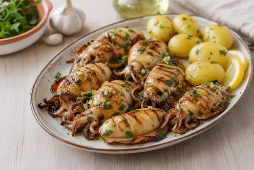 Chocos pequenos inteiros grelhados, com marcas douradas, num prato com salsa picada, rodelas de limão e batatas cozidas
