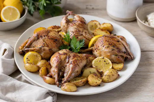 Quatro codornizes abertas, com a pele dourada, num prato com batatas coradas, rodelas de limão e um raminho de salsa