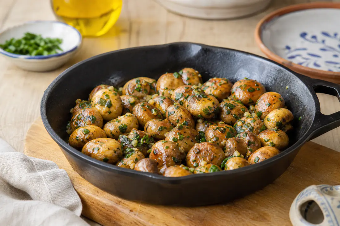 Cogumelos champignon assados, dourados e brilhantes, com alho e salsa picada, numa frigideira de ferro sobre uma tábua de madeira