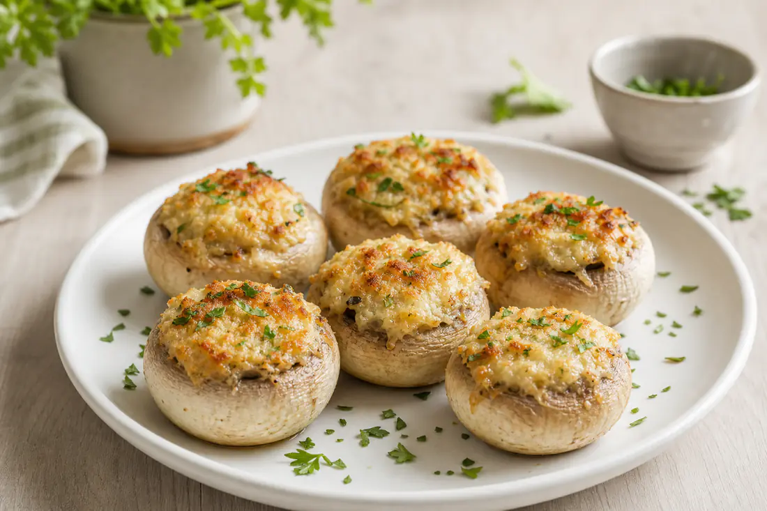 Cogumelos-de-paris grandes recheados e gratinados, com queijo derretido e salsa, num prato branco