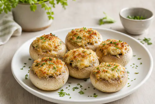 Cogumelos-de-paris grandes recheados e gratinados, com queijo derretido e salsa, num prato branco