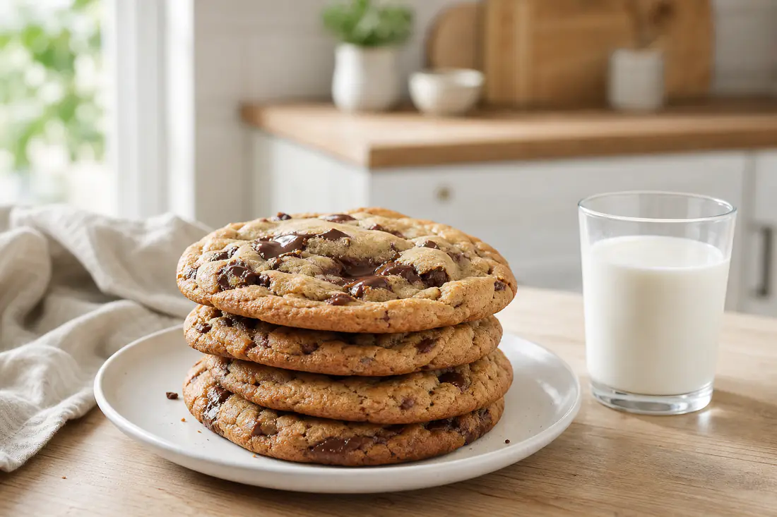 Cookies grandes de chocolate, dourados nos bordos e com pepitas de chocolate derretidas, empilhados num prato com um copo de leite