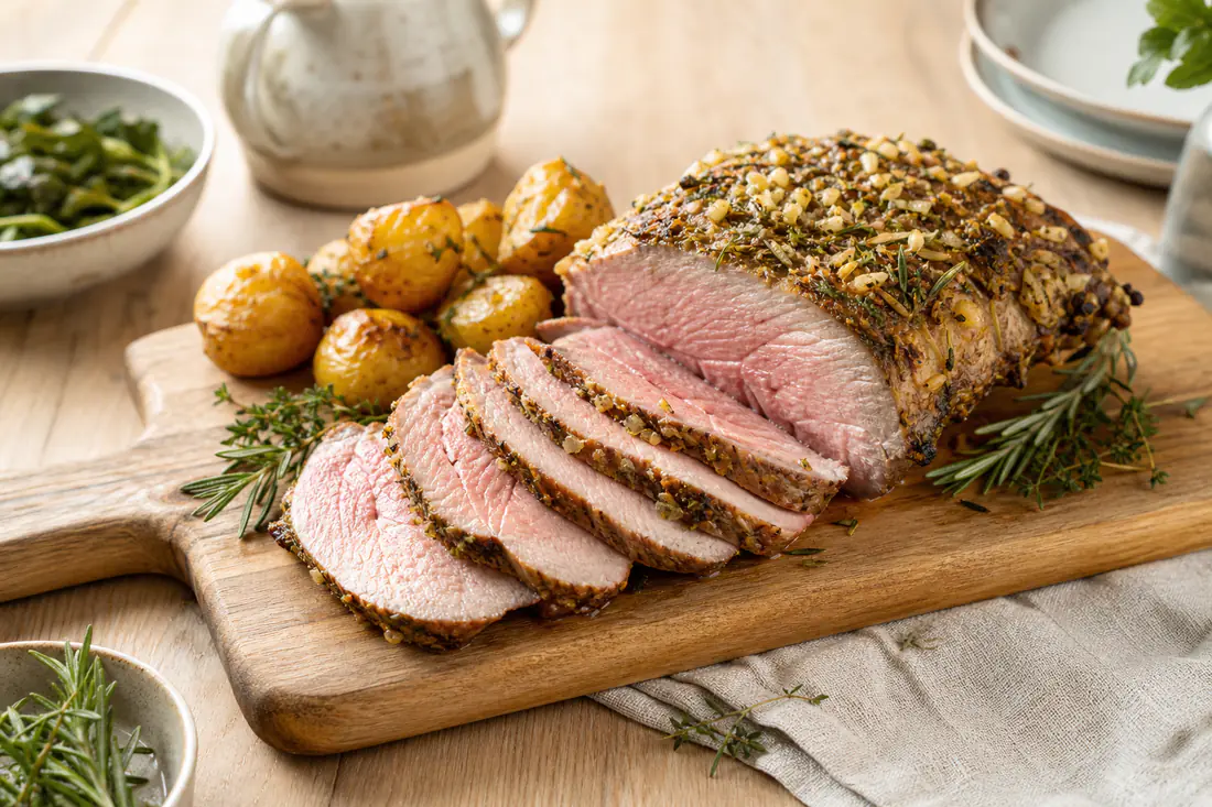 Perna de borrego desossada assada, com crosta de alho e alecrim, cortada em fatias rosadas e servida com batatas e ervas frescas