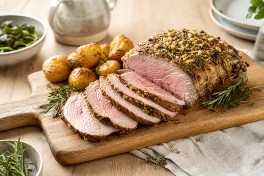 Perna de borrego desossada assada, com crosta de alho e alecrim, cortada em fatias rosadas e servida com batatas e ervas frescas