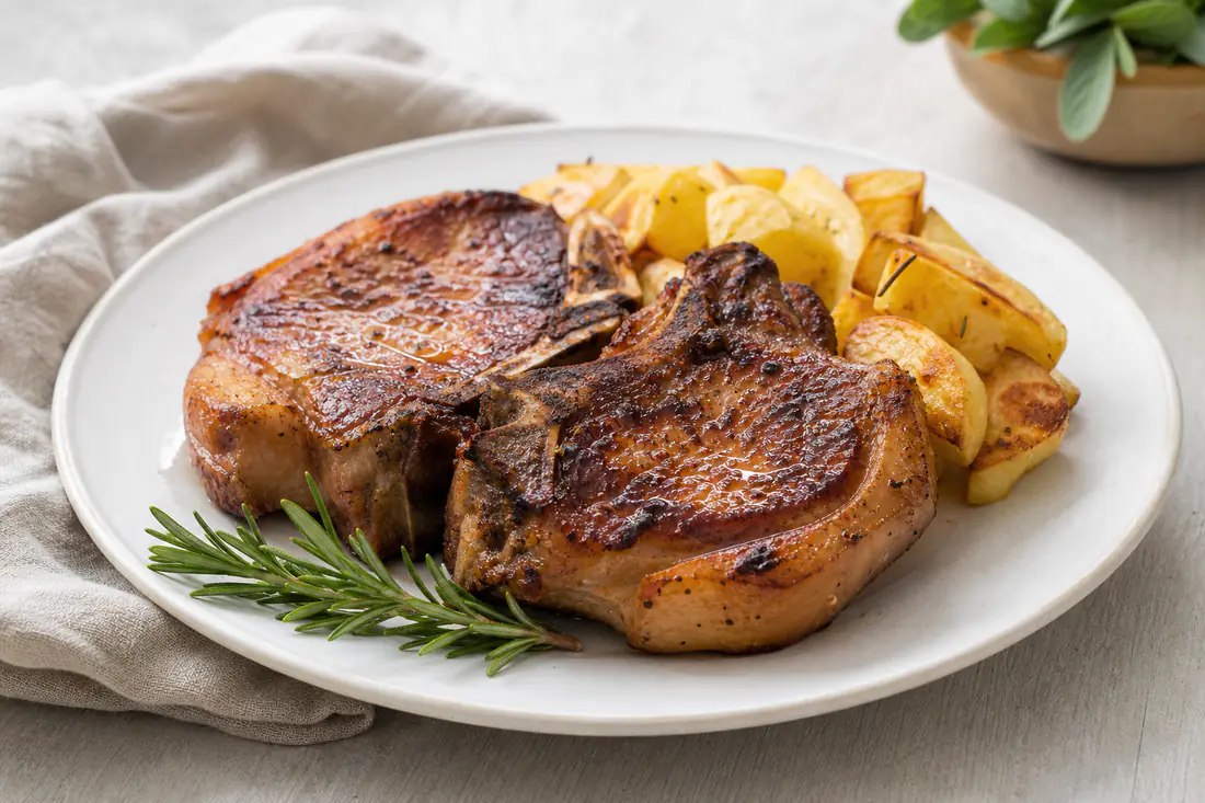 Duas costeletas de porco do cachaço com osso, bem douradas, servidas com batatas assadas e um raminho de alecrim