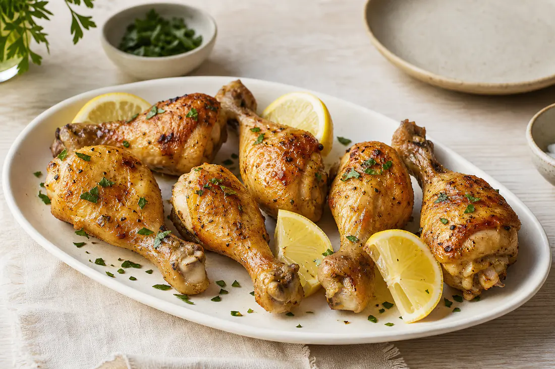 Seis coxas de frango com a pele dourada e crocante, numa travessa com limão e salsa picada