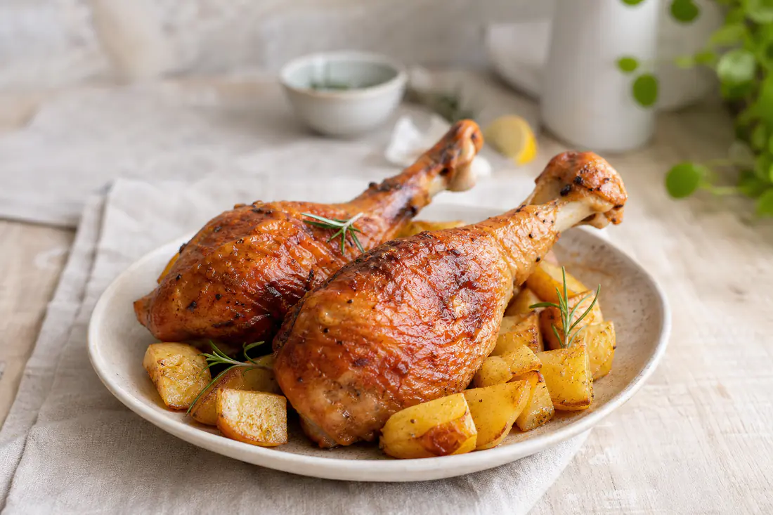 Duas pernas de peru com pele dourada e estaladiça num prato com batatas assadas e ramos de alecrim