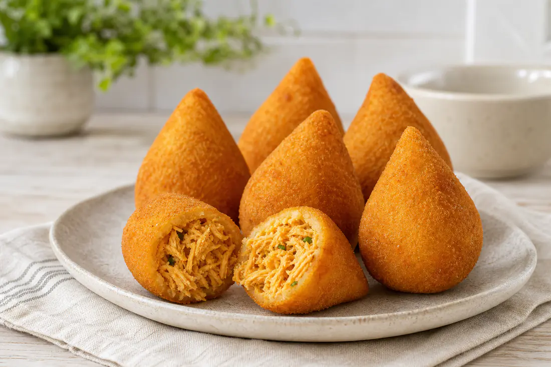 Coxinhas de frango em forma de gota, douradas e panadas, num prato, uma delas cortada ao meio com recheio de frango desfiado