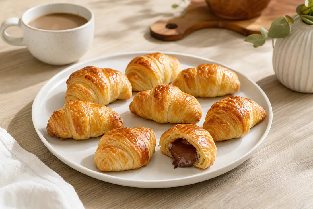 Croissants pequenos de massa folhada, dourados e brilhantes, um deles cortado ao meio com recheio de chocolate, num prato branco