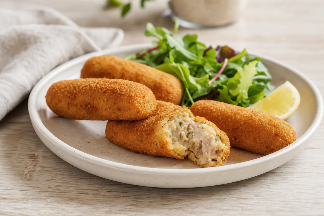 Croquetes de carne alongados, dourados e crocantes, um deles partido ao meio a mostrar o recheio cremoso, num prato com salada