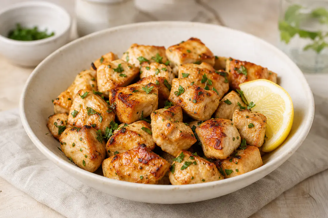 Cubos de frango dourados numa taça, com salsa picada e uma rodela de limão ao lado