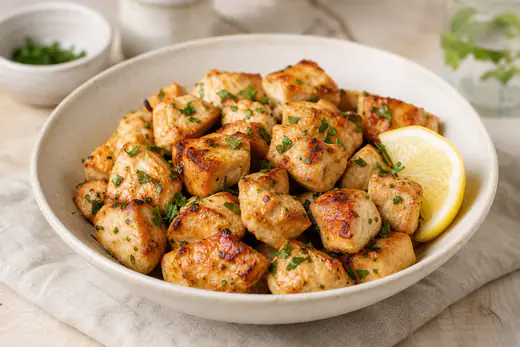 Cubos de frango dourados numa taça, com salsa picada e uma rodela de limão ao lado