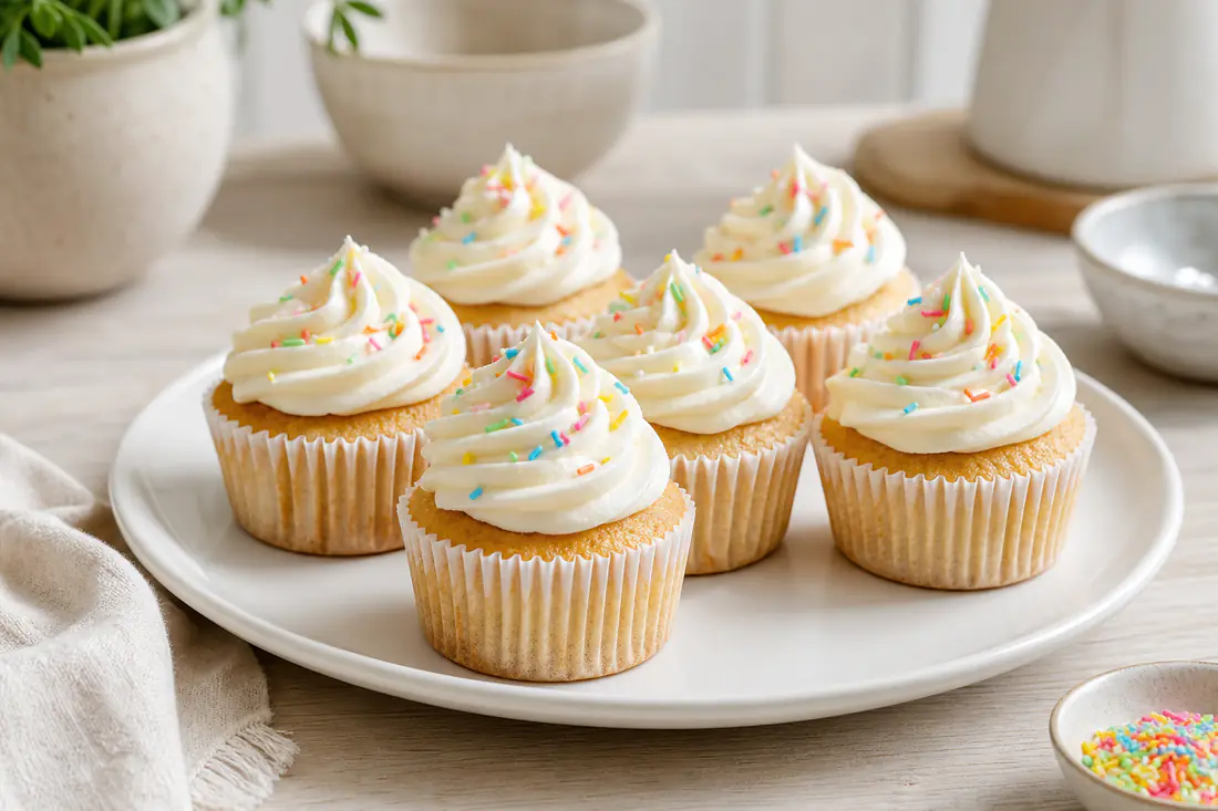 Seis cupcakes de baunilha com creme de manteiga branco em espiral e granulado colorido, em forminhas de papel, sobre uma travessa