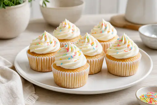Seis cupcakes de baunilha com creme de manteiga branco em espiral e granulado colorido, em forminhas de papel, sobre uma travessa